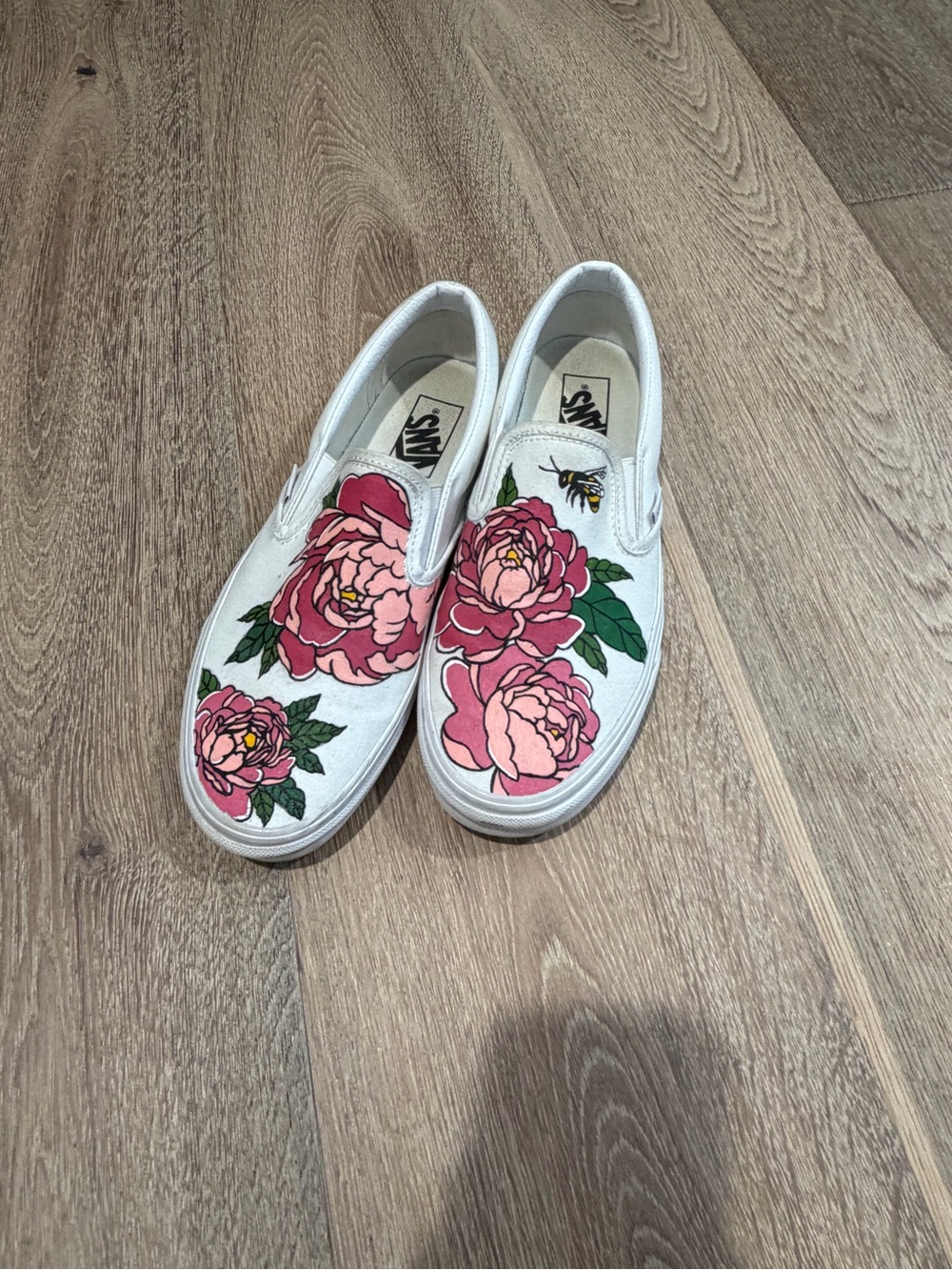 Vans Women's White Slip-On Sneakers with Pink Floral Design